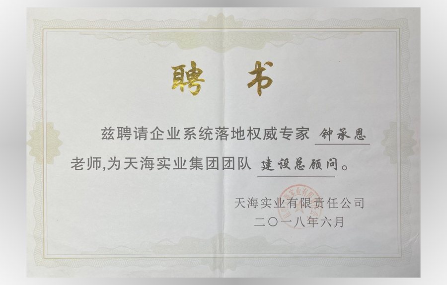 天海实业顾问聘书